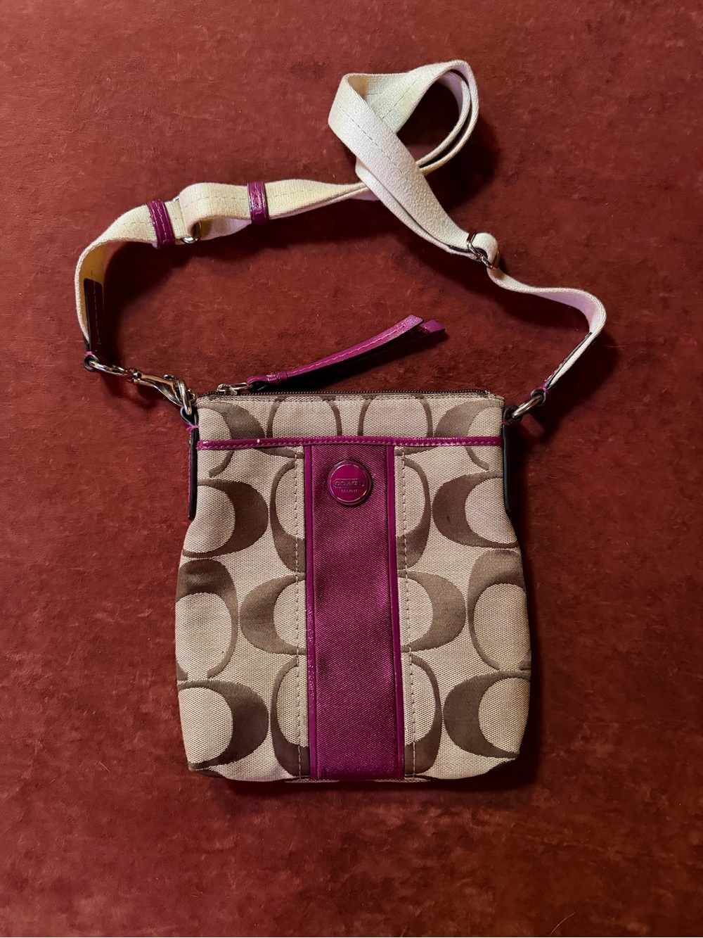 Coach Signature Canvas Monogrammed Crossbody Bag Brown Pink Guitar Strap